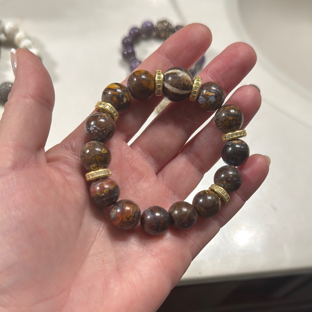 Gold Pave and Brown Opal Bead Bracelet with Antique Pumtek Bead